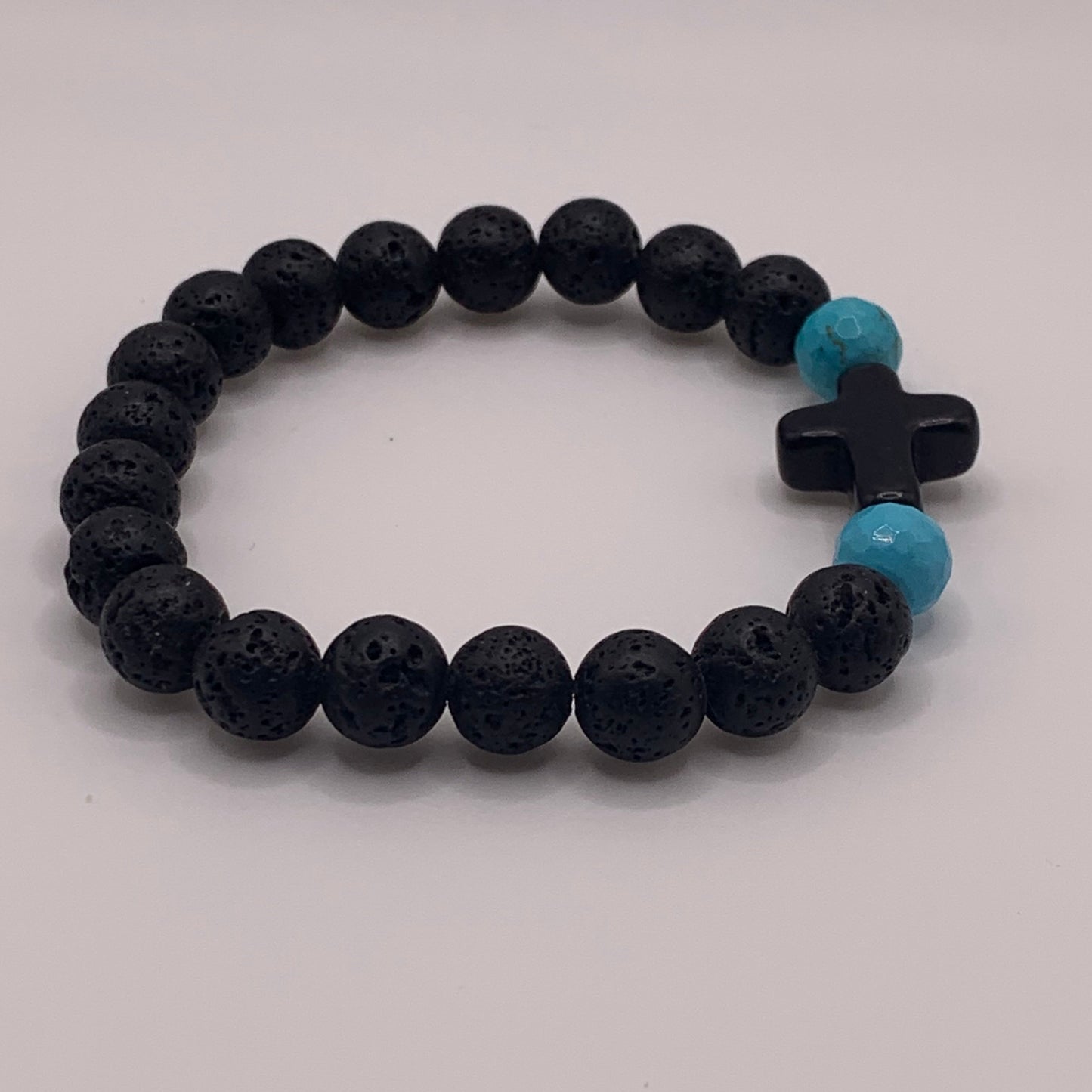 Natural Lava Rock Bead Bracelet, Turquoise Bead Bracelet, Bead Bracelet with Cross, Cross Bead Bracelet, Turquoise Lava Rock Bead Bracelet