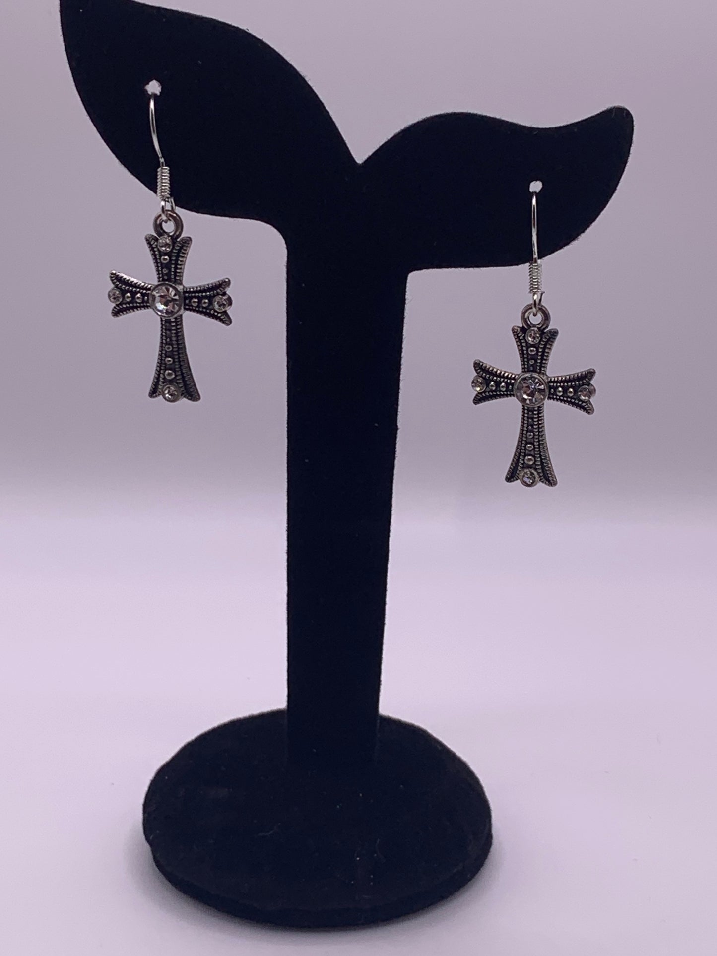 Gunmetal Rhinestone Cross Earrings, Gunmetal Cross Earrings, Dangle Earrings, Spiritual Earrings, Rhinestone Dangle Earrings