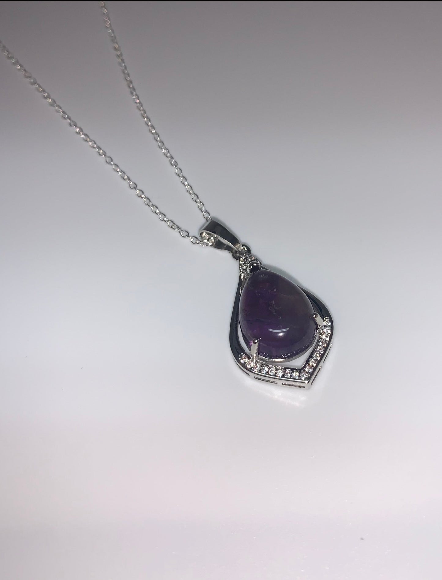 Natural Amethyst Pendant Necklace, Silver Amethyst Necklace, Rhinestone Amethyst Necklace, Calming, Healing Necklace, Gemstone Necklace