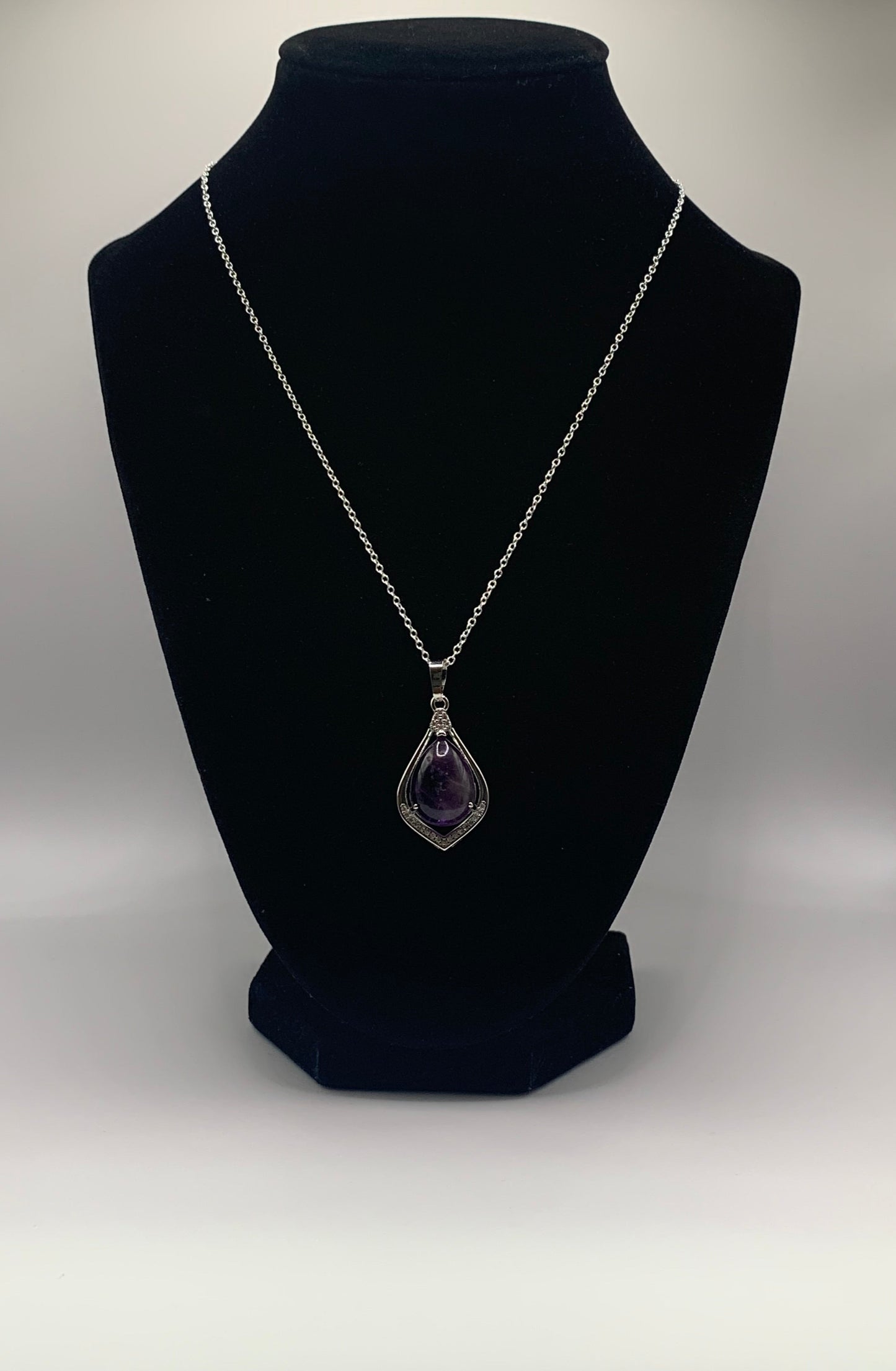 Natural Amethyst Pendant Necklace, Silver Amethyst Necklace, Rhinestone Amethyst Necklace, Calming, Healing Necklace, Gemstone Necklace