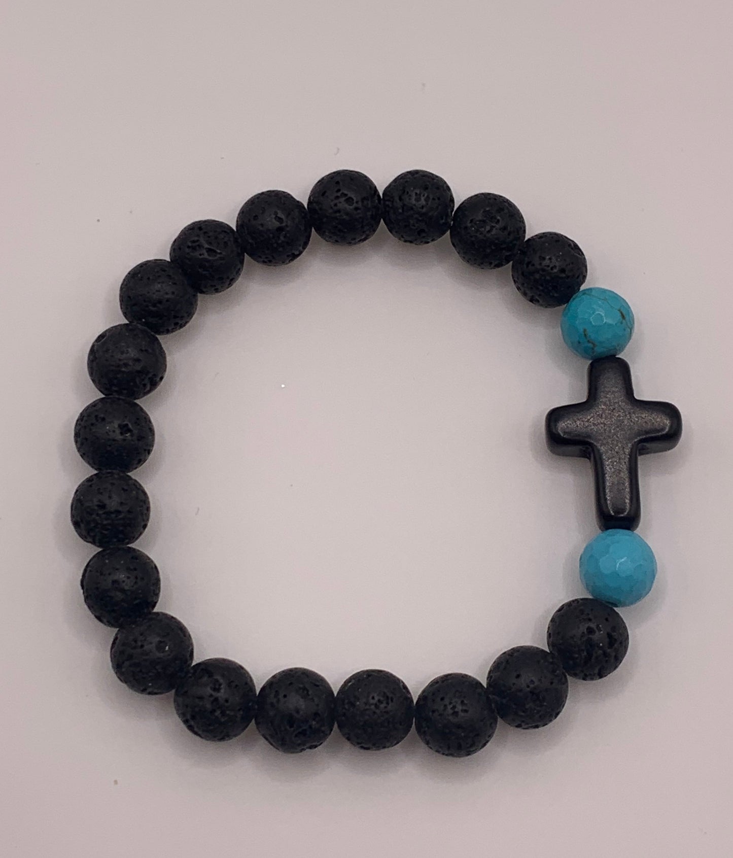 Natural Lava Rock Bead Bracelet, Turquoise Bead Bracelet, Bead Bracelet with Cross, Cross Bead Bracelet, Turquoise Lava Rock Bead Bracelet