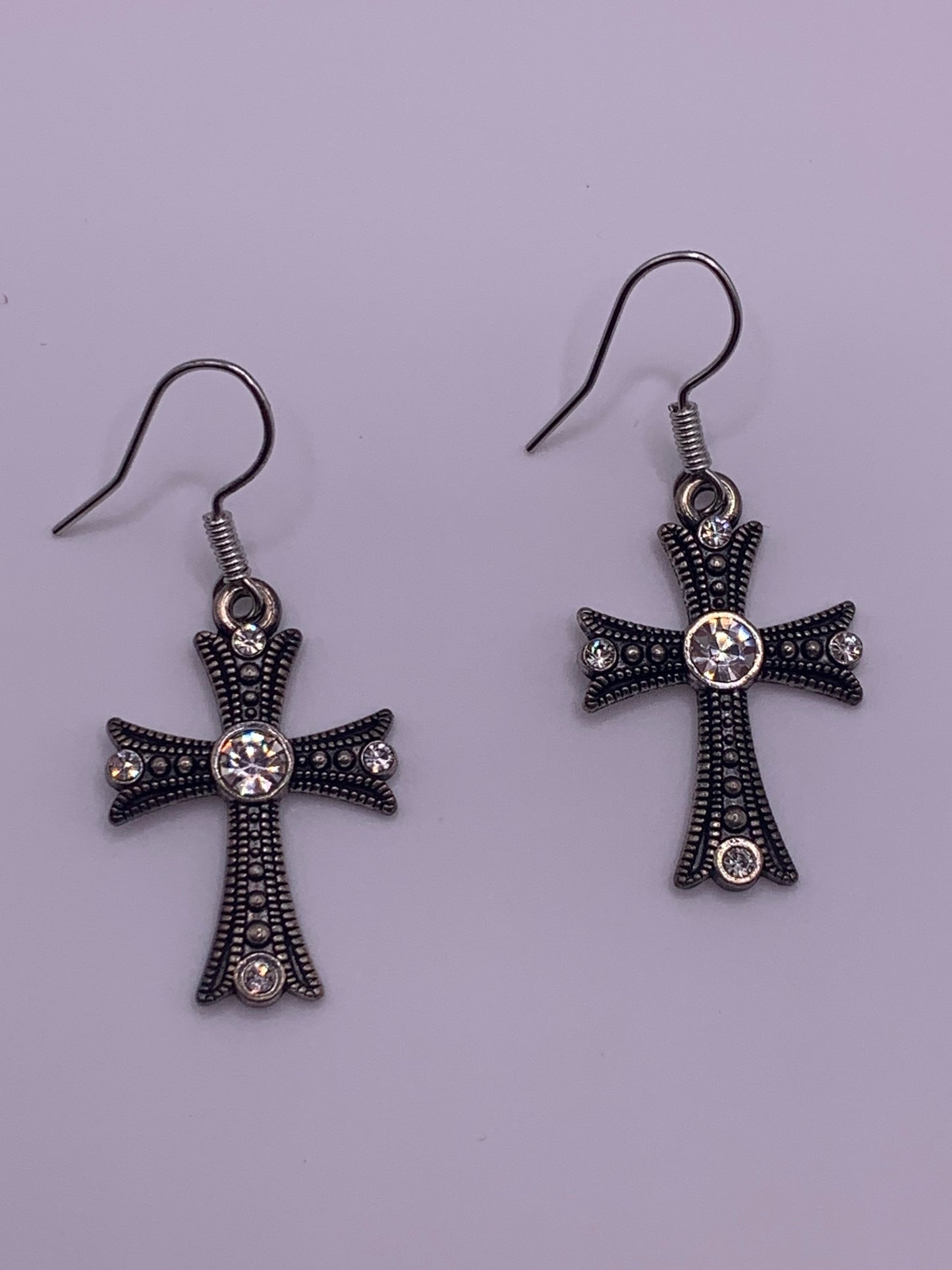 Gunmetal Rhinestone Cross Earrings, Gunmetal Cross Earrings, Dangle Earrings, Spiritual Earrings, Rhinestone Dangle Earrings