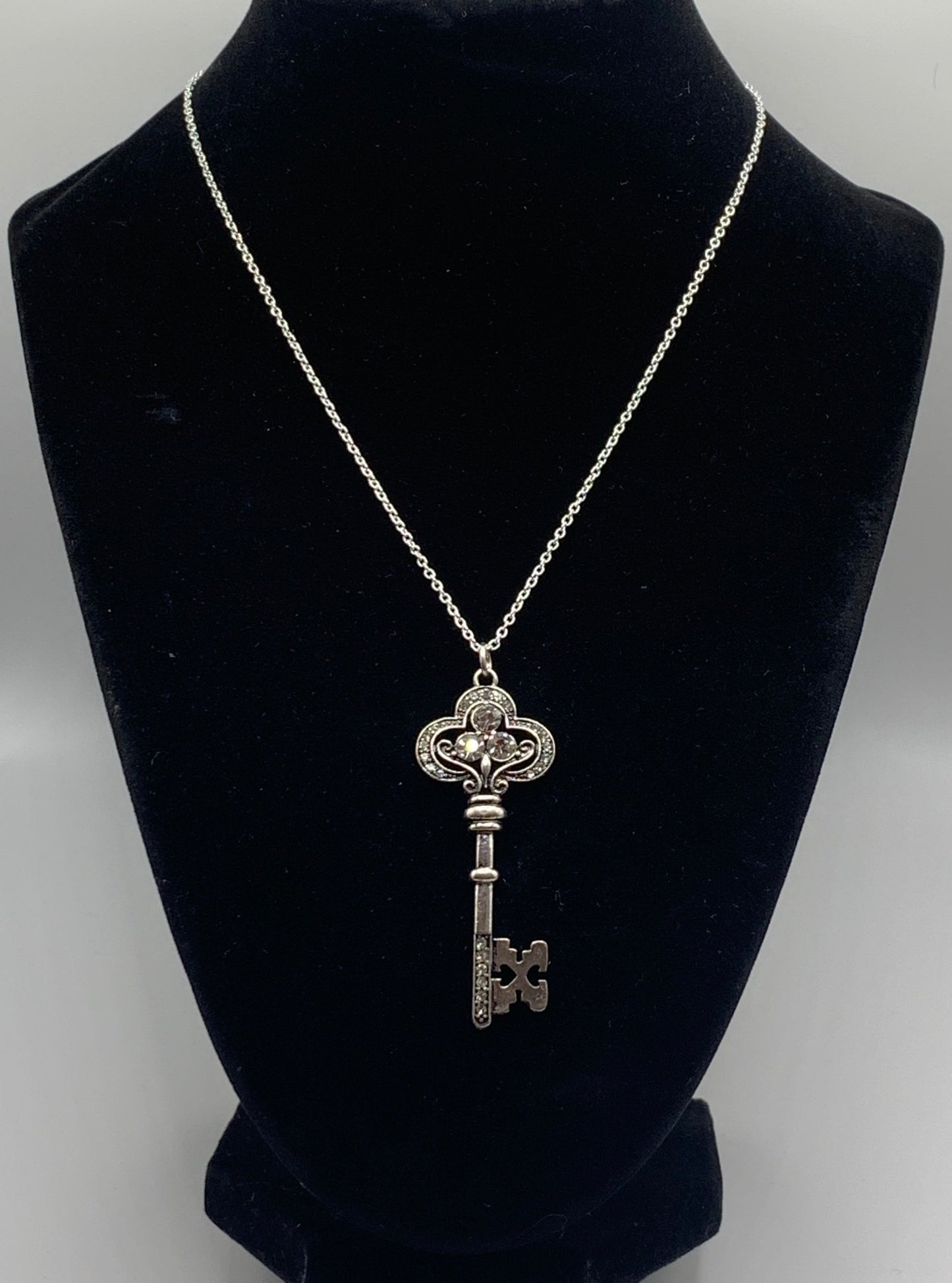 Rhinestone Key Necklace, Silver Key Necklace, Silver Pendant Necklace, Rhinestone Necklace, Women's Necklace