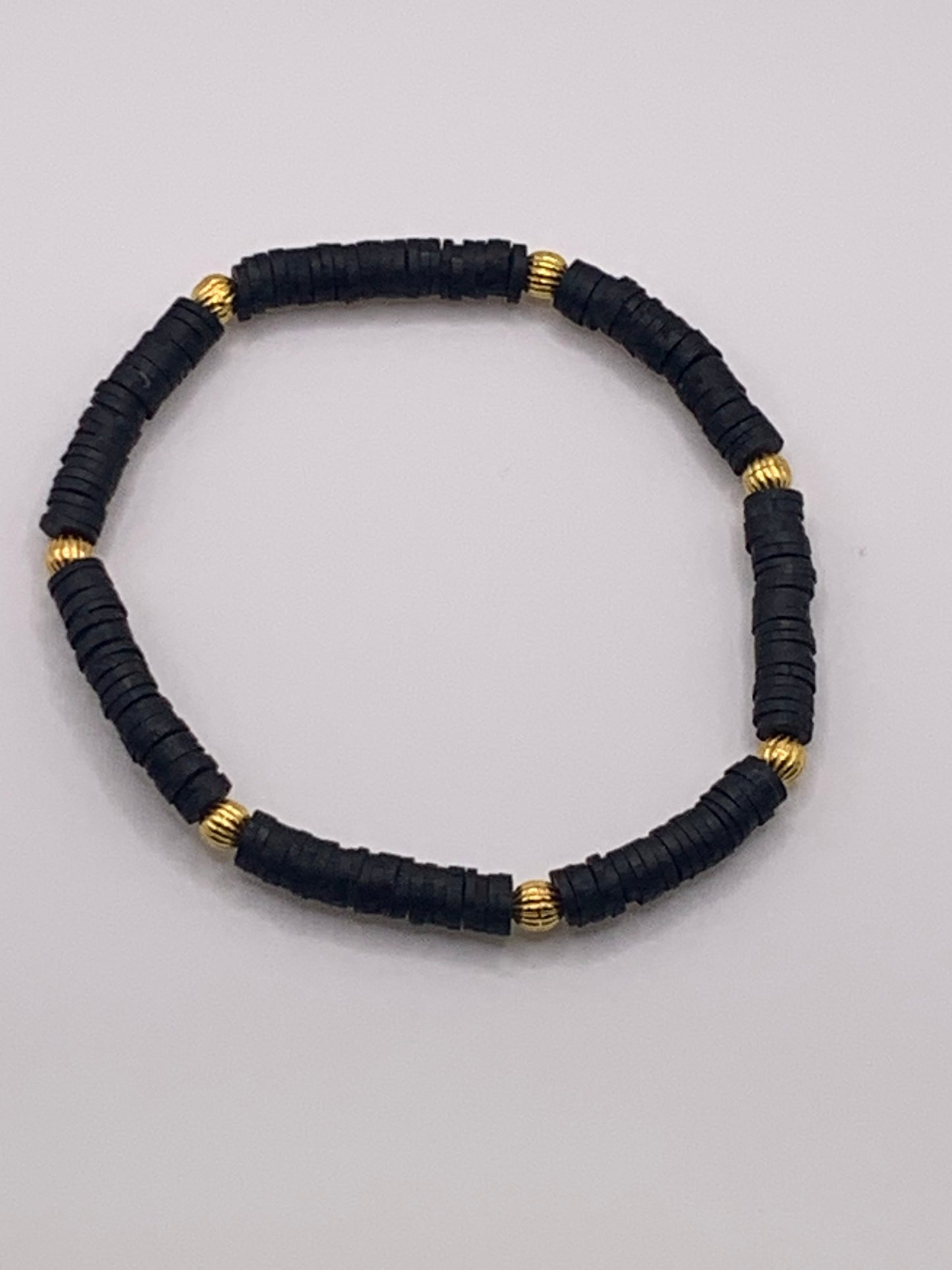 Heishi Bead Bracelet, Gold Bead Bracelet, Clay Bead Bracelet, Black Bead Bracelet, Flat Bead Bracelet, Stacking Bead Bracelet