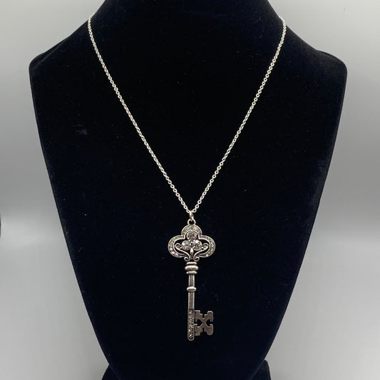 Rhinestone Key Necklace, Silver Key Necklace, Silver Pendant Necklace, Rhinestone Necklace, Women's Necklace