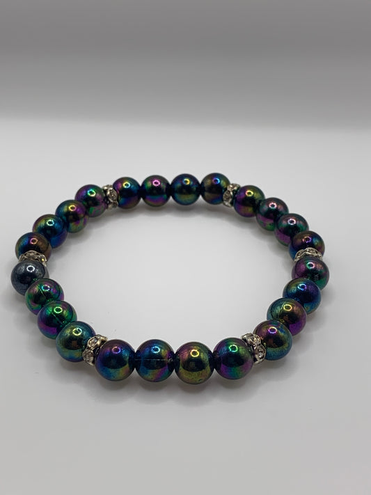 Irridescent Bead Bracelet, Rhinestone Bead Bracelet, Stretch Bead Bracelet, Purple Bead Bracelet, Colorful Bead Bracelet