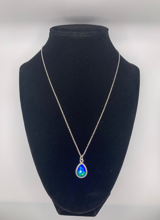 Silver Pear Shaped Necklace, Silver Tear Drop Necklace, Blue Rhinestone Necklace, Silver Necklace, Tear Drop Necklace, Pear Shaped Necklace, Colorful Necklace