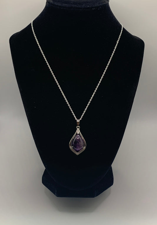 Natural Amethyst Pendant Necklace, Silver Amethyst Necklace, Rhinestone Amethyst Necklace, Calming, Healing Necklace, Gemstone Necklace