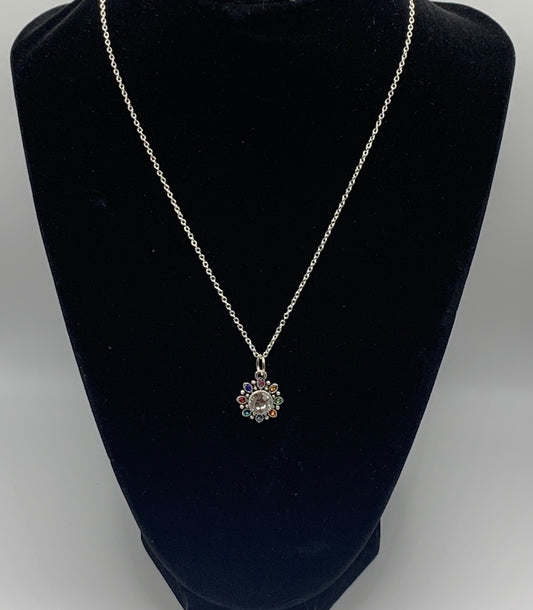 Silver Starburst Necklace, Colorful Pendant Necklace, Silver Rhinestone Necklace, Colorful Starburst Necklace, Rhinestone Flower Necklace