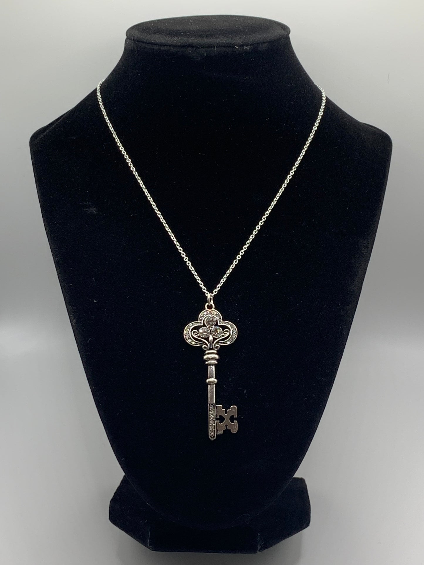 Rhinestone Key Necklace, Silver Key Necklace, Silver Pendant Necklace, Rhinestone Necklace, Women's Necklace