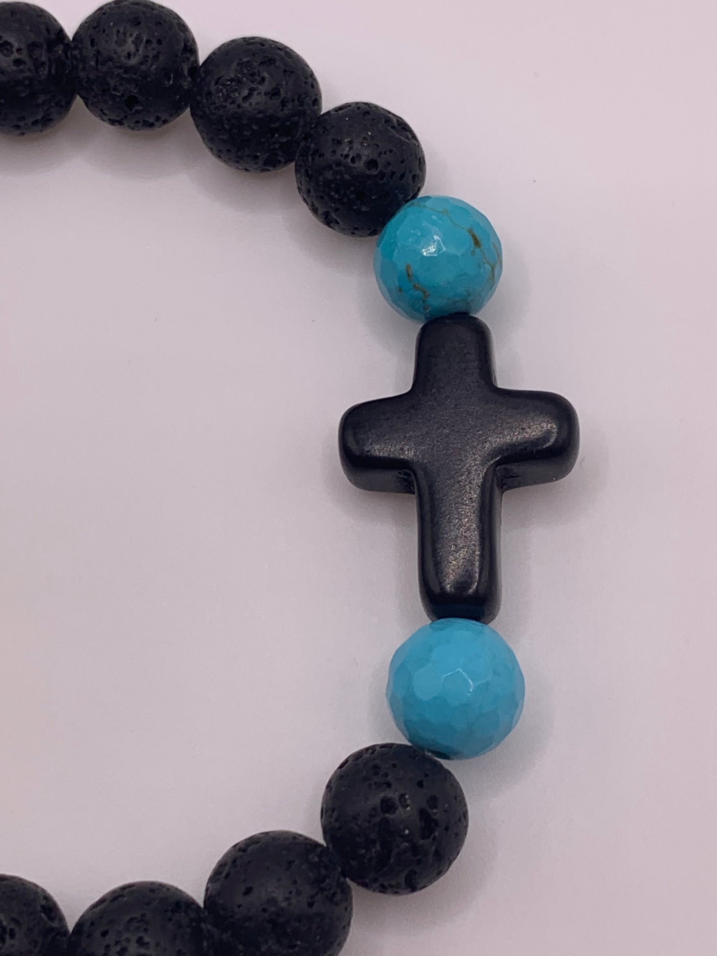 Natural Lava Rock Bead Bracelet, Turquoise Bead Bracelet, Bead Bracelet with Cross, Cross Bead Bracelet, Turquoise Lava Rock Bead Bracelet