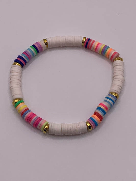 Polymer Clay Bead Bracelet, Heishi Bead Bracelet, Flat Bead Bracelet, Colorful Bead Bracelet,  White Bead Bracelet