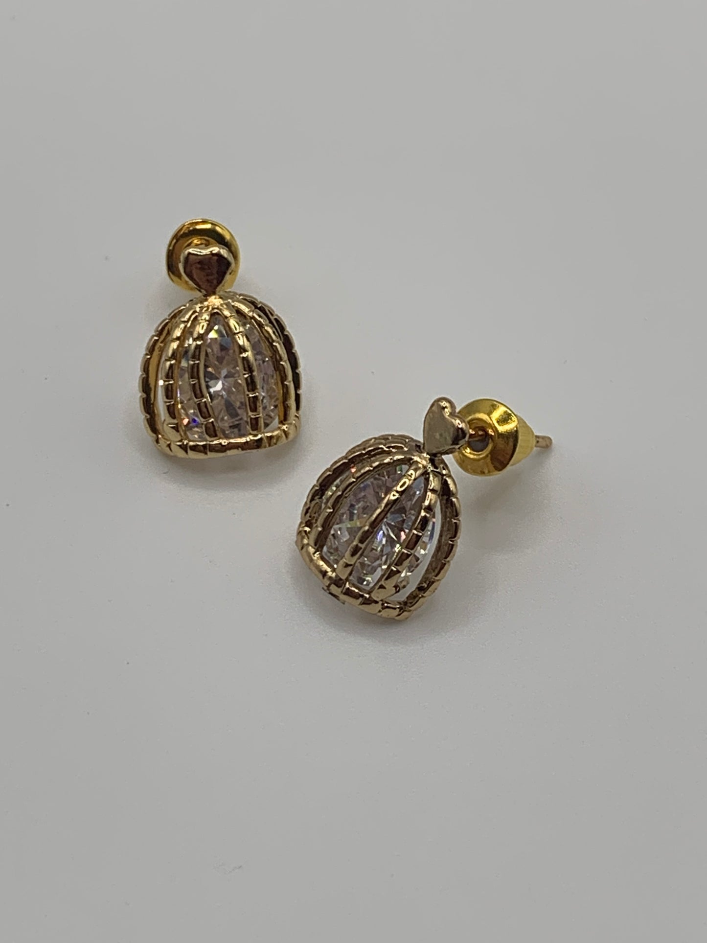 Gold Birdcage Earrings, 18K Gold Earrings, Cubic Zirconia Earrings, Gold Stud Earrings, Gold CZ Earrings, Gold Earrings, Gold Heart Earrings