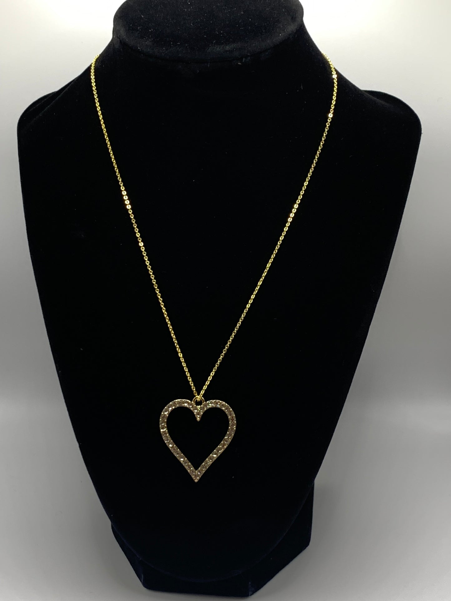 Rhinestone Heart Necklace, Gold Heart Necklace, Gold Rhinestone Necklace, Fashion Necklace, Gold Necklace