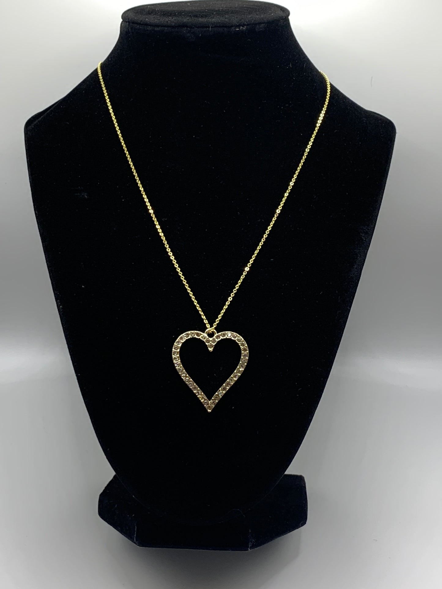 Rhinestone Heart Necklace, Gold Heart Necklace, Gold Rhinestone Necklace, Fashion Necklace, Gold Necklace