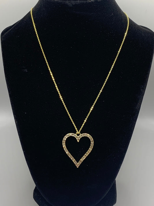 Rhinestone Heart Necklace, Gold Heart Necklace, Gold Rhinestone Necklace, Fashion Necklace, Gold Necklace