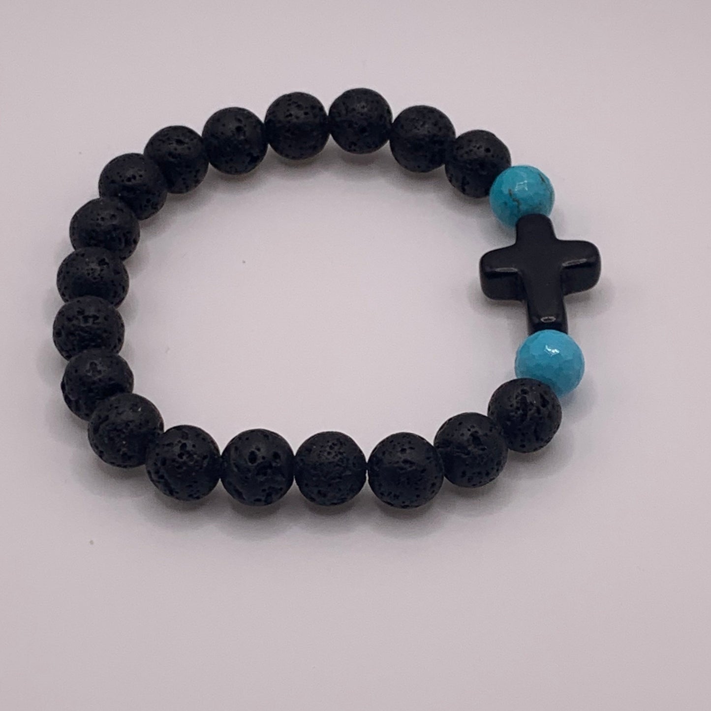 Natural Lava Rock Bead Bracelet, Turquoise Bead Bracelet, Bead Bracelet with Cross, Cross Bead Bracelet, Turquoise Lava Rock Bead Bracelet