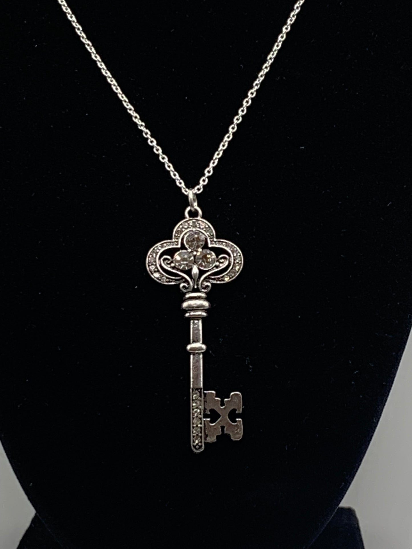 Rhinestone Key Necklace, Silver Key Necklace, Silver Pendant Necklace, Rhinestone Necklace, Women's Necklace