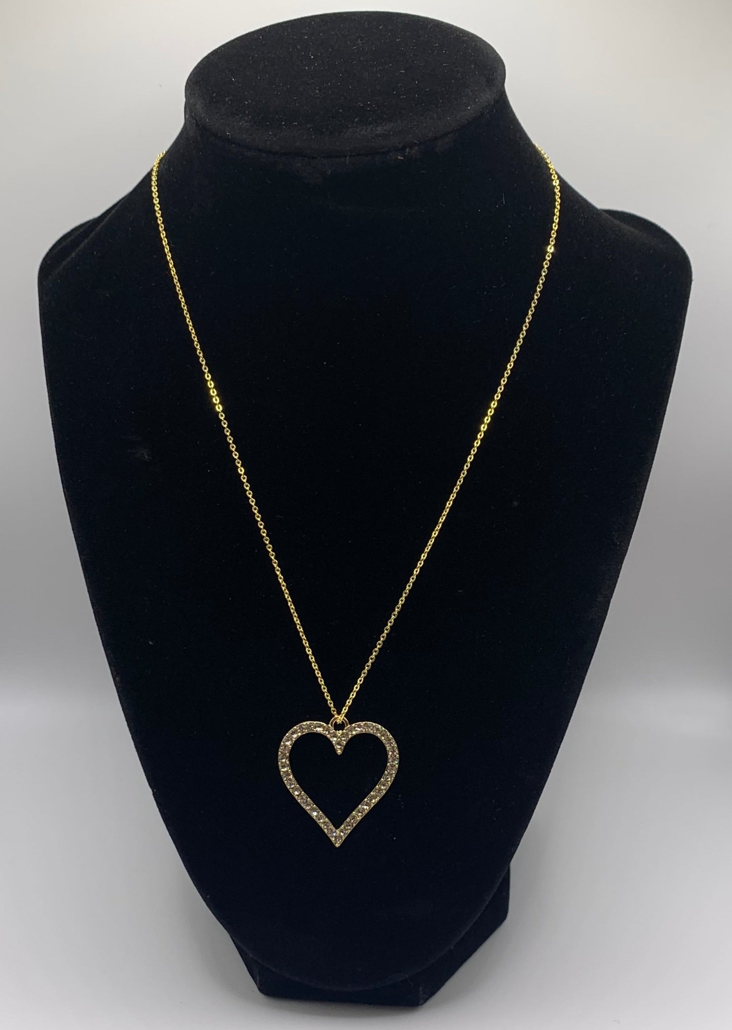 Rhinestone Heart Necklace, Gold Heart Necklace, Gold Rhinestone Necklace, Fashion Necklace, Gold Necklace