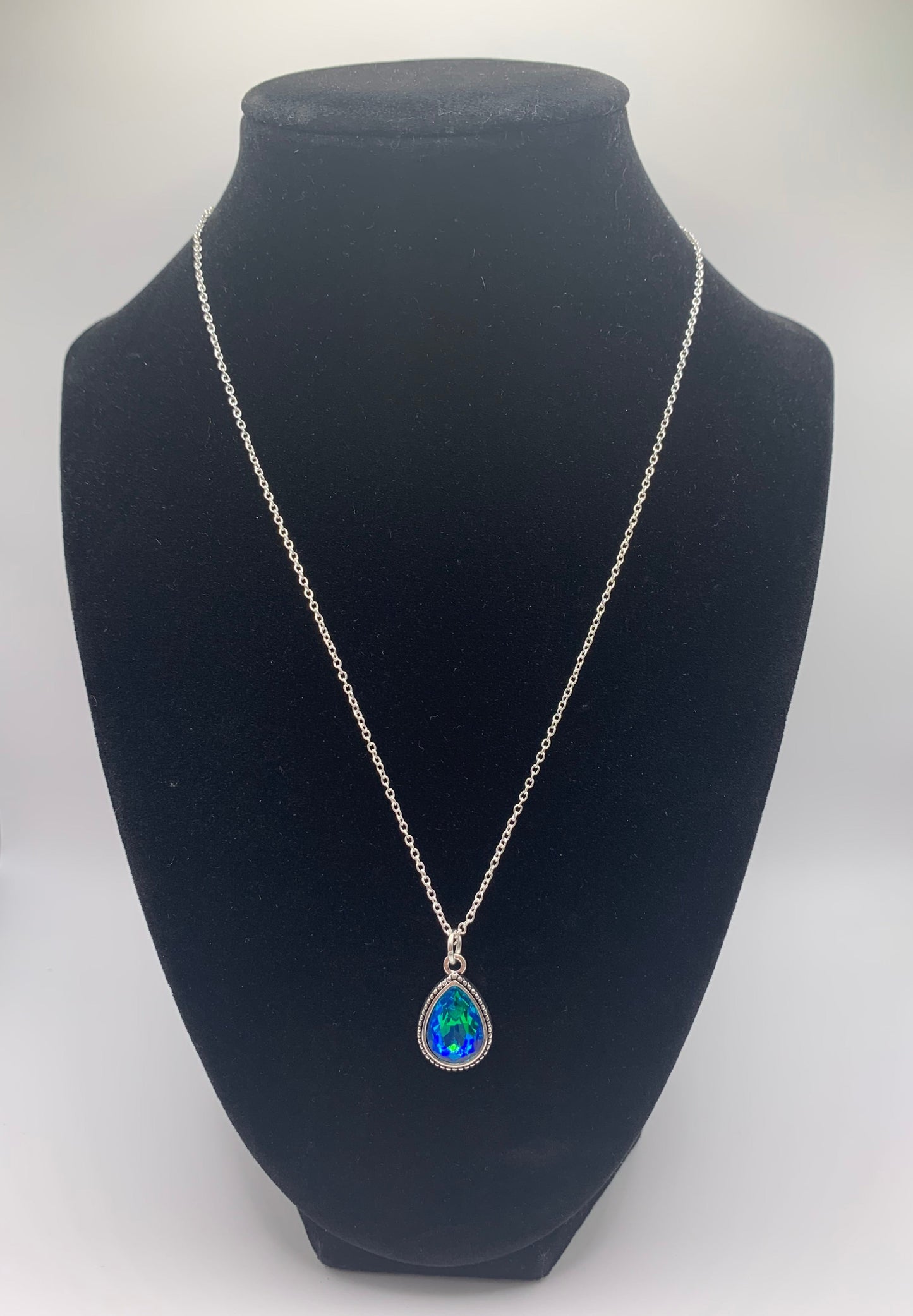 Silver Pear Shaped Necklace, Silver Tear Drop Necklace, Blue Rhinestone Necklace, Silver Necklace, Tear Drop Necklace, Pear Shaped Necklace, Colorful Necklace