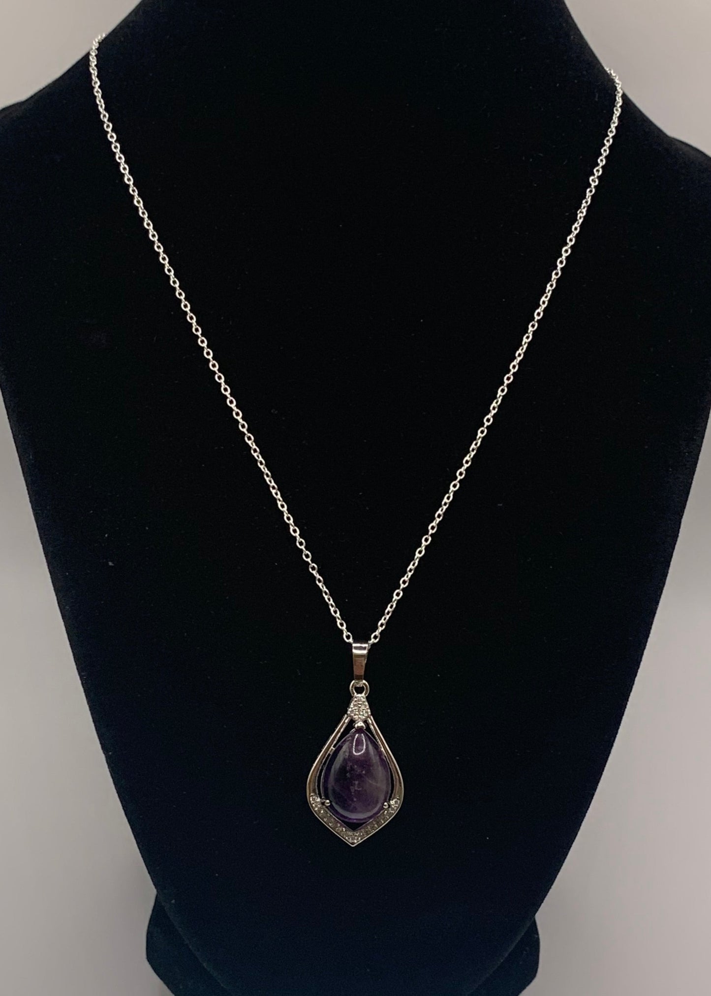 Natural Amethyst Pendant Necklace, Silver Amethyst Necklace, Rhinestone Amethyst Necklace, Calming, Healing Necklace, Gemstone Necklace